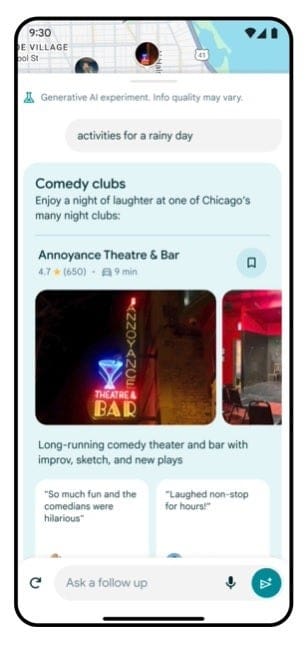 If the weather turns bad, you can quick find appropriate nearby activities - Certain U.S. Google Maps users will be testing the apps' AI makeover starting this week